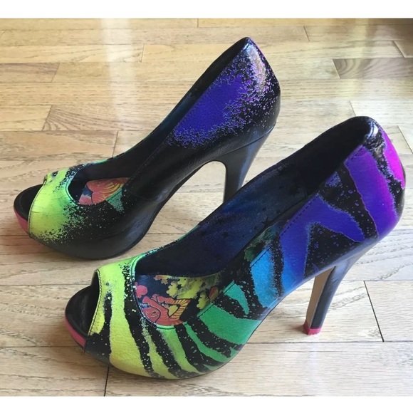 Iron Fist Shoes - Iron Fist Size 6 Rainbow Zebra Peep Toe Heels